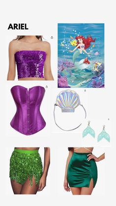 Disney Princess Halloween costume. The Little Mermaid. Green and purple costume Hot Ariel Costume, Ariel Costumes Women, Hot Ariel Halloween Costume, Ariel Custome Halloween, Arial Princess Costume, College Ariel Costume, Diy Ariel Costume Women Easy, Preppy Mermaid Costume