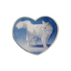 a white cat standing in front of a blue heart