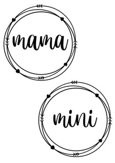 two round stickers with the words mama and mini in black ink on white paper