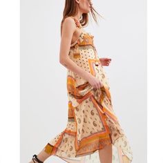 Nwt Strappy Maxi Dress In Creme - Fully Lined Orange Beach Midi Dress, Orange Midi Dress For Beach Season, Summer Boho Print Midi Dress, Boho Print Sundress Midi Dress, Chic Boho Print Midi Dress For Vacation, Casual Zara Sundress, Zara Bohemian Beige Dress, Zara Beige Bohemian Dress, Zara Bohemian Sundress For Brunch