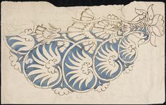 an old paper with blue and white designs on it