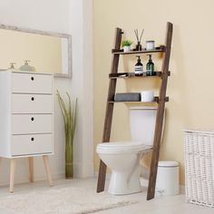 a white toilet sitting in a bathroom next to a wooden ladder