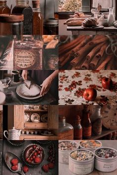 a collage of photos with various items in them including jars, spoons and apples