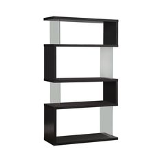 a black shelf with three glass shelves on each side and one in the middle, against a white background