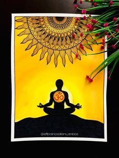 a painting of a person sitting in the middle of a yoga pose with a sun above them