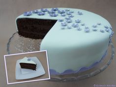 a cake with white frosting and blue flowers on it