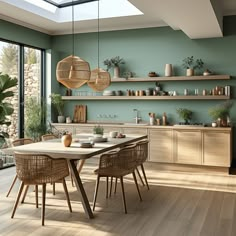 a kitchen with green walls and wooden flooring, potted plants on the shelves