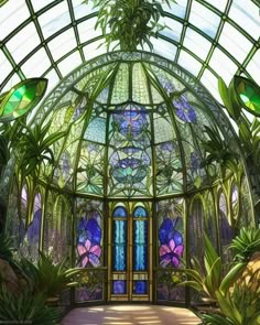 the inside of a glass house with lots of plants