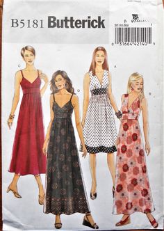 three women's dresses and one woman's dress are shown in this sewing pattern