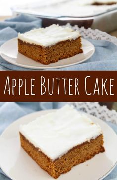 two slices of apple butter cake on white plates