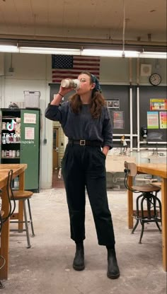 This is another, more casual, teacher outfit idea. It's more on the casual side than a dress or skirt but is equally as professional. Dress Pants And Doc Martens, Docs Business Casual, Doc Martens Outfit Business Casual, Doc Martens With Pants, Docs Work Outfit, Business Casual Lesbian Work Outfits, Black Barista Outfit, Hipster Work Outfits Women, Business Casual Doc Martens