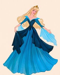 a drawing of a woman in a blue dress with long blonde hair wearing a tiara