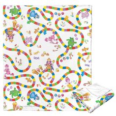 a white blanket with colorful candy land on it