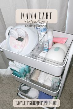 an open drawer with various items in it on carpeted floor next to shower curtain