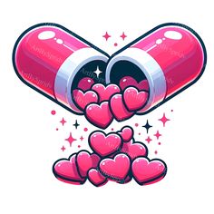 a pink pill with hearts coming out of it