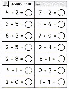 addition to 10 worksheet for kids with numbers and symbols on the top one