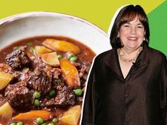 a woman standing next to a bowl of stew and an image of a plate of food