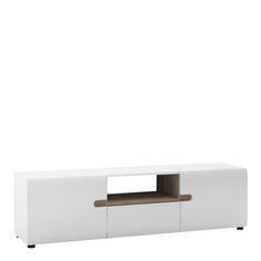 a white entertainment center with an open shelf on one side and a wooden drawer on the other