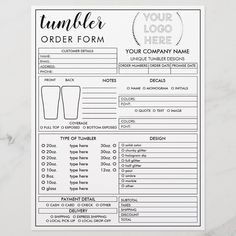 a printable order form with the words tumbler on it and an empty cup next to it