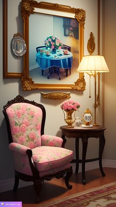 an ornate chair and table in front of a mirror with pink flowers on it next to a lamp