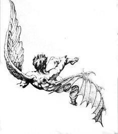 a black and white drawing of a man on a dragon with his arms spread out