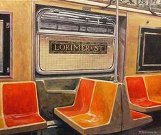 an oil painting of two orange seats on a subway car with the word lorimer street written on it