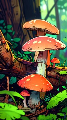 a group of mushrooms sitting on top of a lush green forest covered in lots of leaves