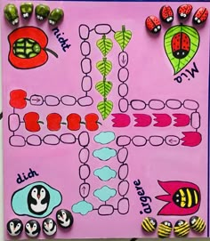 a pink board with lots of different things on it, including ladybugs and leaves