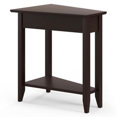 the end table is made from wood and has an open shelf on one side,