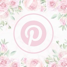 pink roses and green leaves on a white background with the letter p in the center