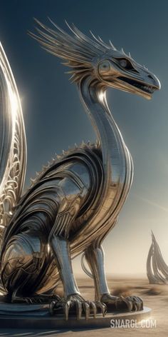 Silver dragon statue on top of a sandy beach next to a moon filled sky and a person. Example of #D3D3D3 color. Colors, Light gray. Sensuous fairy tale creatures.Follow us and visit our site for more amazing content! #spooky #graphic #sketchbook #horror #next #character #inspiration #creature #mythical #creative #Lightgray #concept #scifi #artwork #halloween