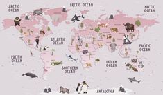 the world map is filled with animals and places that are labeled in pink, blue, white