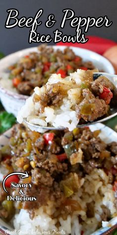 Two white bowls filled with white rice, topped with pepper steak and diced bell peppers. Pepper Rice, Delicious Rice, Rice Bowls Recipes, Beef Casserole Recipes, Green Peppers, Beef Casserole, Beef Recipes Easy, Think Food, Beef Recipes For Dinner