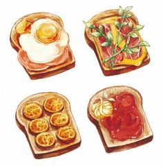 four slices of bread with different types of food on them