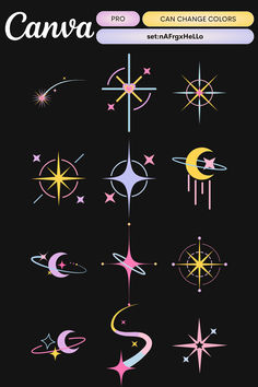 an image of stars and moon tattoos on a black background, with the words can change colors