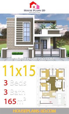 the house plan is shown with measurements for each floor and its size, it has three levels