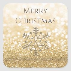 merry christmas snowflake on gold glitter square sticker with the words merry christmas