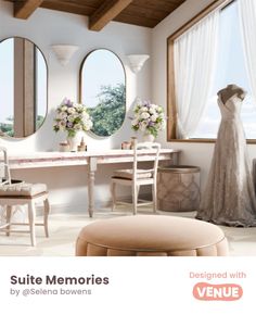 there is a wedding dress on display in front of three round windows, with the words suite memories written below it