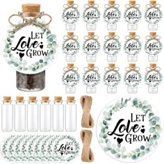 the let love grow baby shower party kit includes bottles, plates and favors with wooden sprinkles