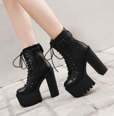 Women's Spring/Autumn High Heels Lace-Up Ankle Boots | ZORKET | #boots #ankleboots #shoes Womens Black Booties, Black Platform Boots, Fashion High Heels, Black High Heels