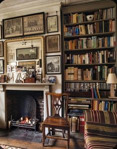 a living room filled with furniture and a fire place in front of a book shelf