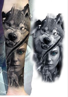 two tattoos with wolfs on their arms and one has a woman's face