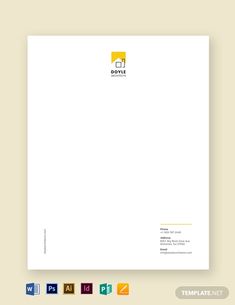 a white letterhead with a yellow square logo on the front and bottom, is shown in