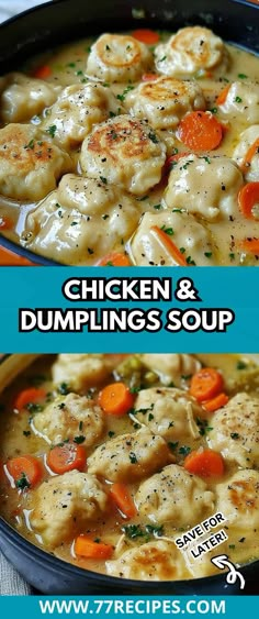 chicken dumplings and dumpling's soup in a skillet with carrots