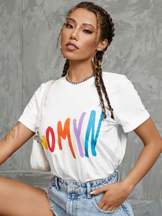 Multicolor Letters Graphic Short Sleeve Crew Neck T-shirt Multicolor Crew Neck T-shirt With Logo Print, Trendy Multicolor T-shirt With Text Print, Trendy Cotton T-shirt With Rainbow Print, Multicolor Cotton T-shirt With Logo Print, Multicolor Graphic Tee For Spring, White Cotton T-shirt With Rainbow Print, Multicolor Slogan T-shirt, Multicolor Graphic Tee With Slogan, Multicolor Slogan Graphic Tee