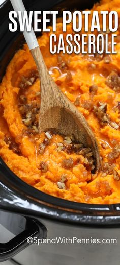 sweet potato casserole in a crock pot with a wooden spoon and text overlay