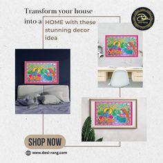 an advertisement for a home decor store with pictures on the wall and in front of it