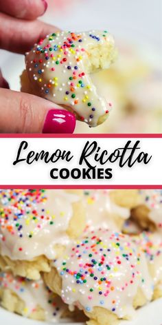 lemon ricotta cookies with white frosting and sprinkles are on a plate