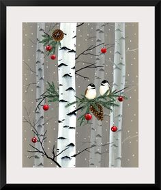 two birds perched on the branches of a tree in front of snow and pine cones