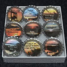 twelve bottle cap magnets in a clear box with the words faith in tomorrow on them